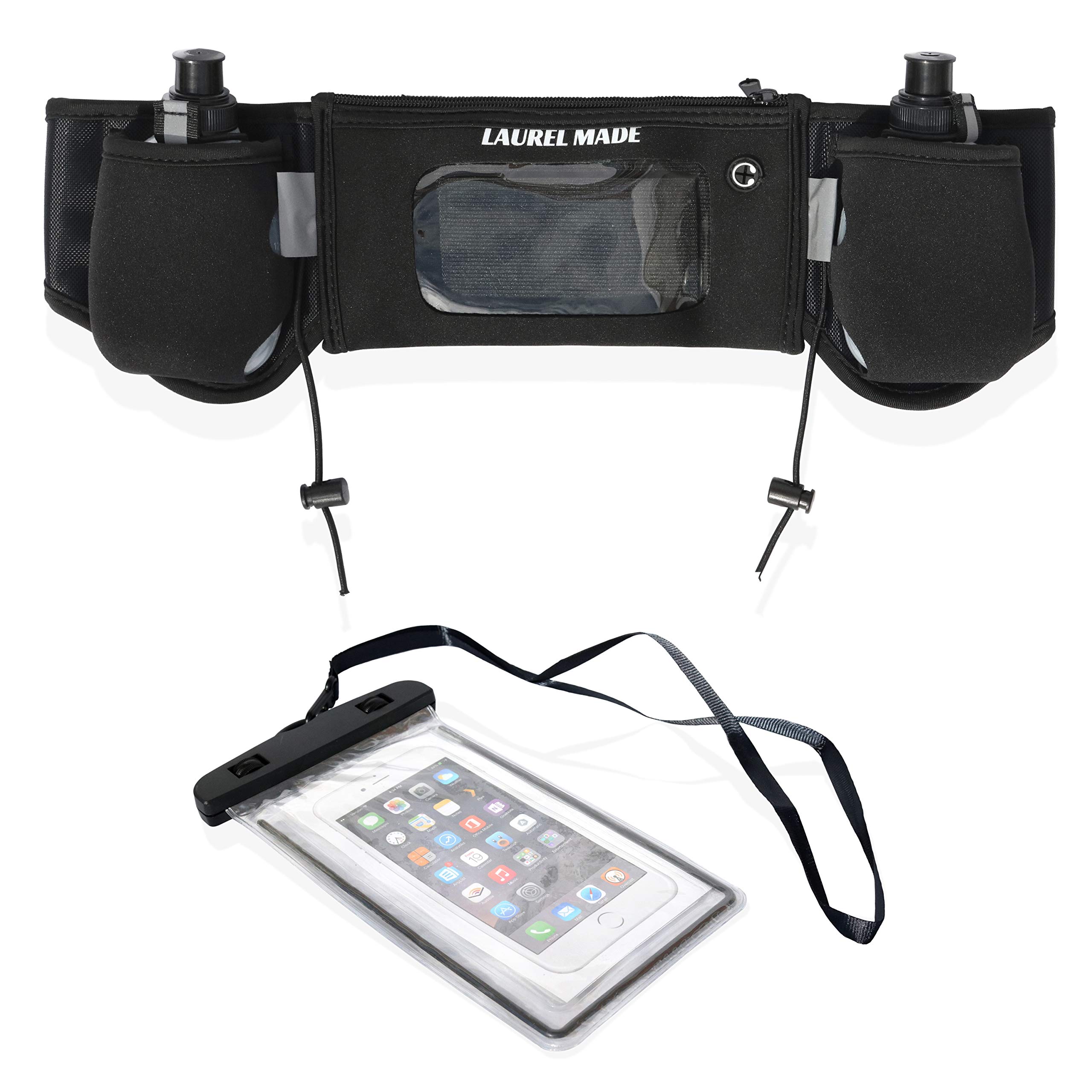 Laurel Made Running Hydration Waist Belt with 2 No Bounce Water Bottles and Cellphone Storage Pockets for Hiking, Running and Cycling Complete with