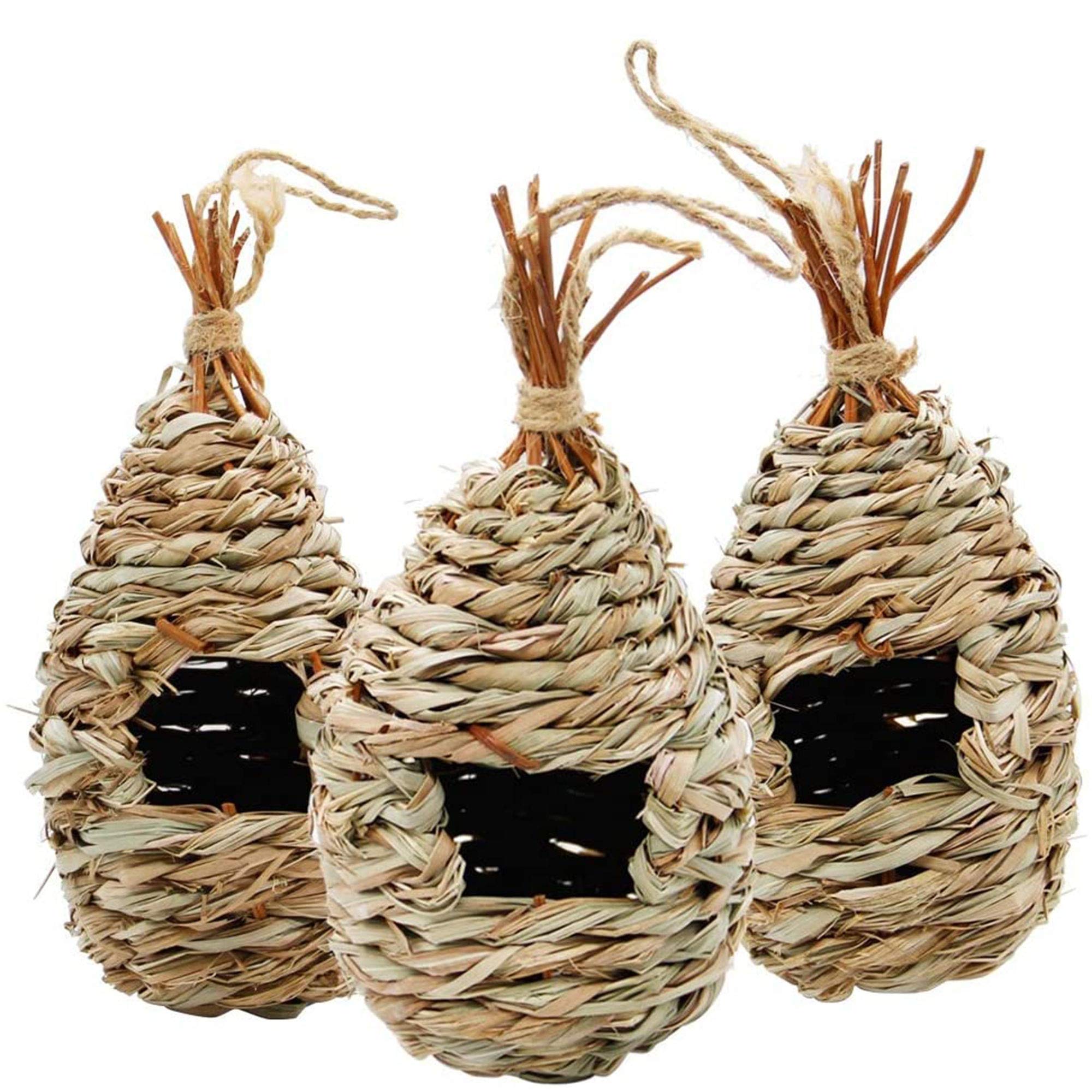 winemanaHand Woven Hummingbird House, Set of 3 Bird Hut 9" x 4", Outside Grass Hanging Bird Hut, Natural Hummingbird Nest for Outdoor.