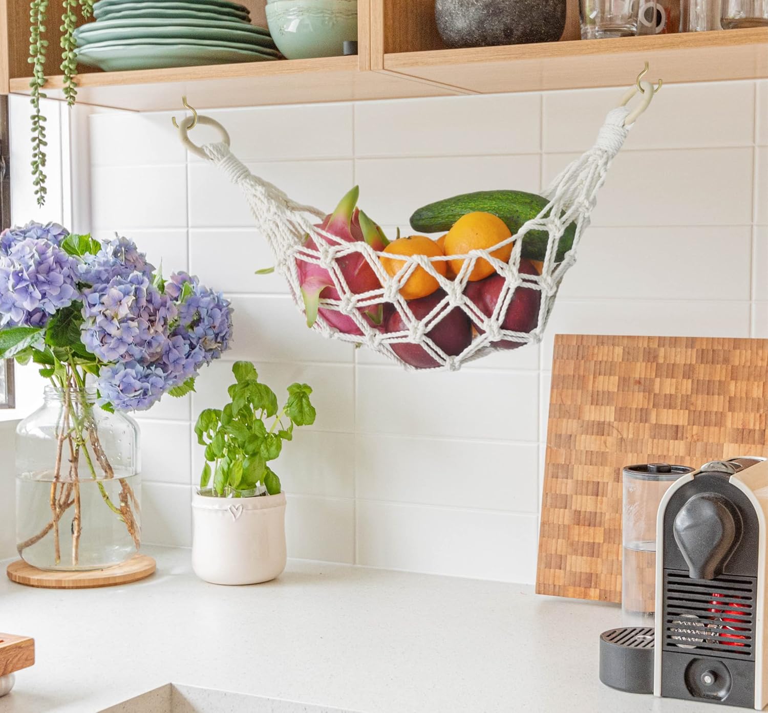 2 Sets of Macrame Hanging Fruit Hammock, Hanging Fruit Basket Under the Kitchen Cabinet with Hooks (All Handwoven) for Banana, Produce, Vegetables or Fruit Storage (Ivory) 3 81U4jyhyrnL. AC SL1500