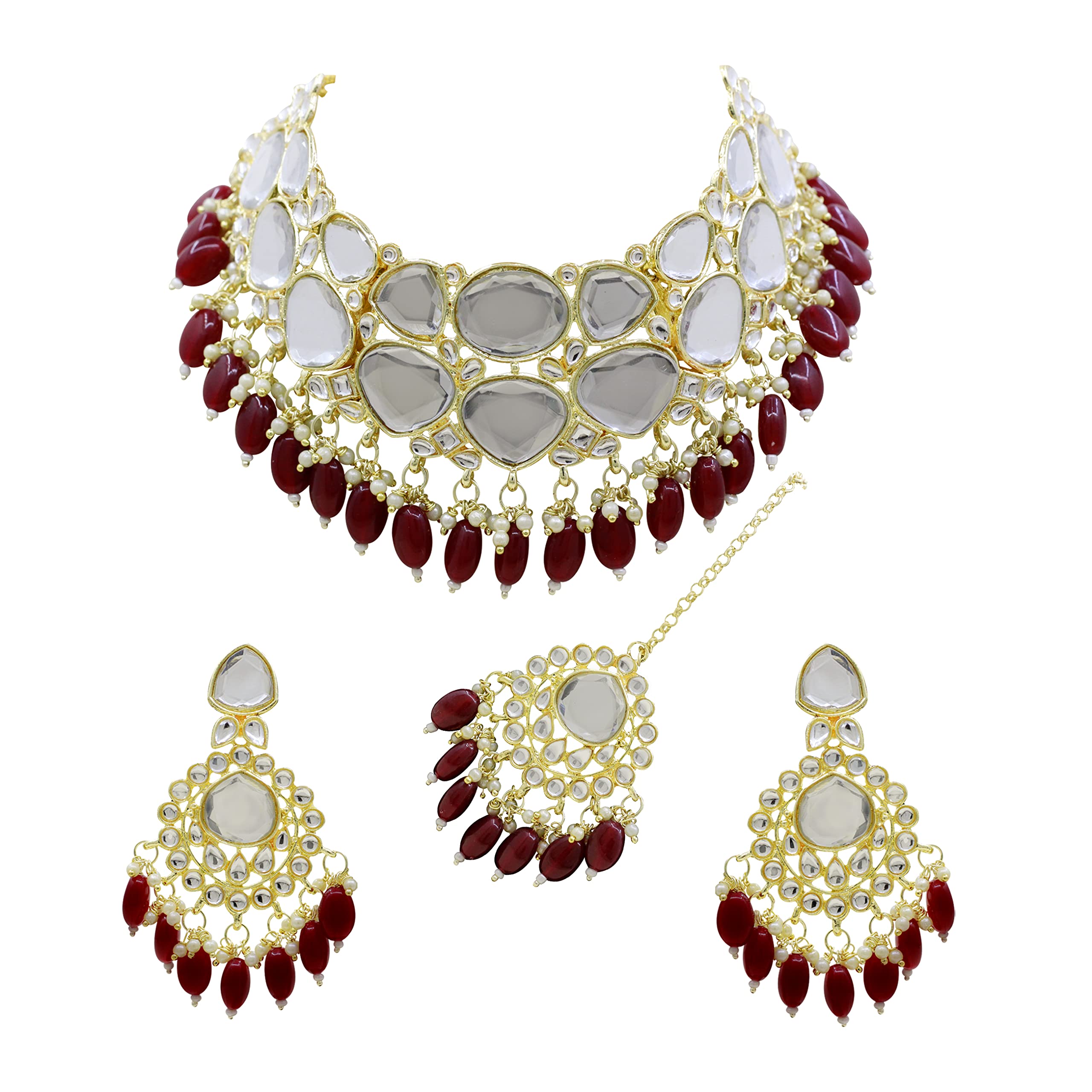 SAIYONI Classic Look Gold plated Wedding Traditional Design Gold Plated Kundan Stone & Beads Choker Necklace Earring With Maangtikka Jewellery Set Maroon For Unisex Adult (B0B6J55SH2) Amazon Price History, Amazon Price Tracker