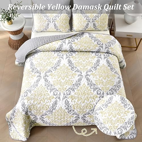 Miniatura 4 de Juego de edredón amarillo tamaño King de 3 piezas de damasco bohemio, juego de edredón de microfibra suave y ligera para todas las estaciones (King,