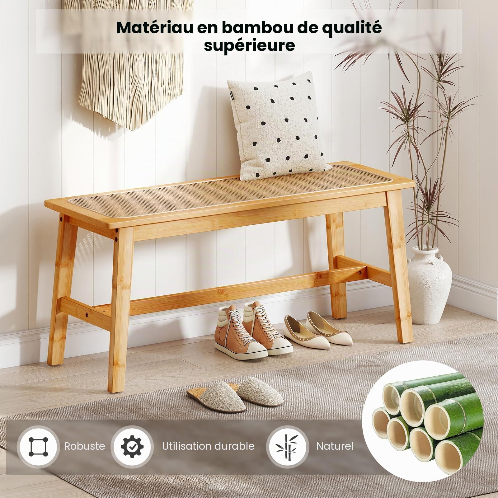 GIANTEX Banc Salle a Manger pour 2 Personnes, Banc Bois en Bambou avec Siège en Rotin PVC Respirant, Patins Antidérapants, Banquette pour Chambre, Salon, Jardin, Charge 300 kg, Naturel