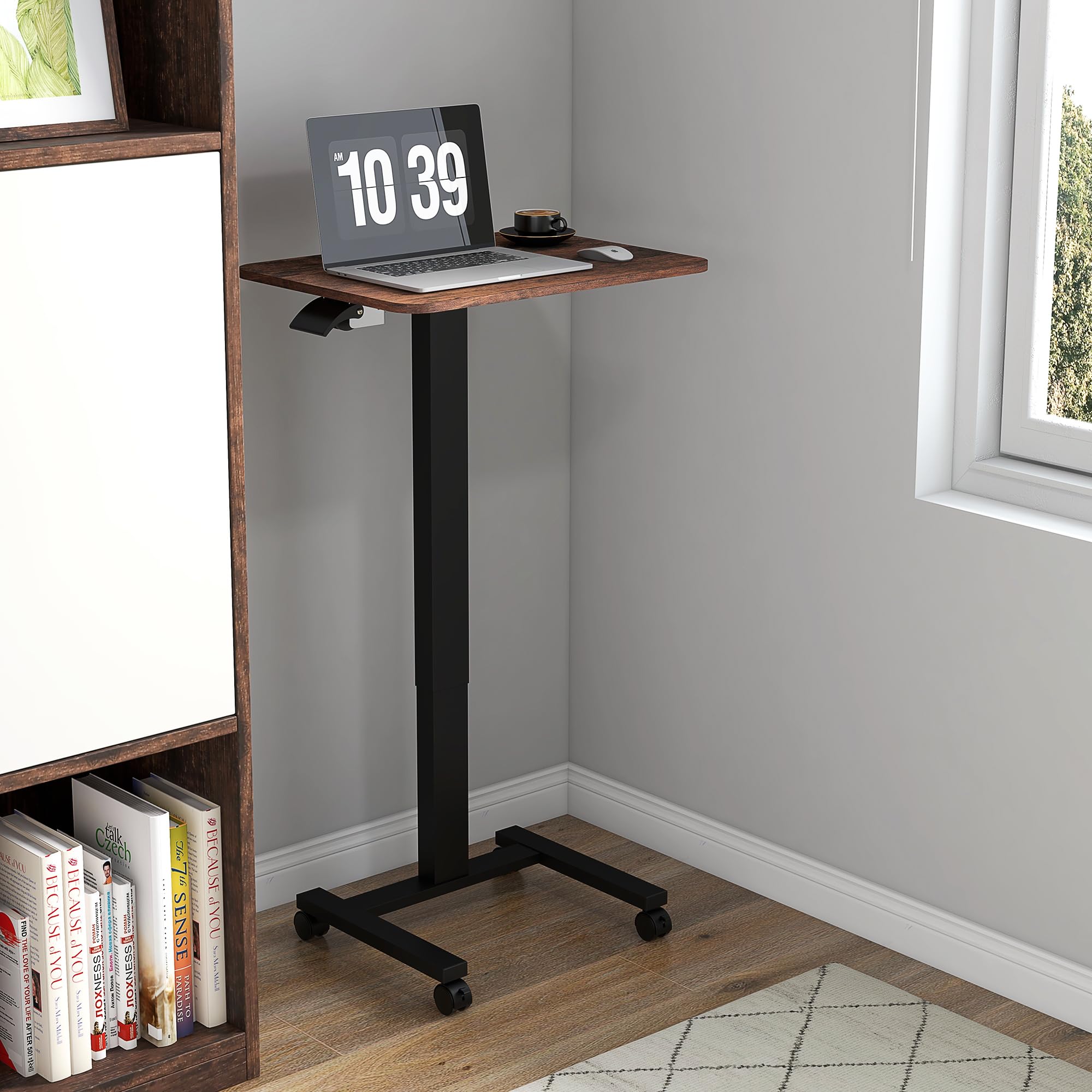 Vinsetto Stehpult Höhenverstellbar Computertisch 65 x 48 cm Mobiler Laptoptisch, Steh-Sitz Schreibtisch mit Handkurbel 68-108 cm Rustikal-Braun