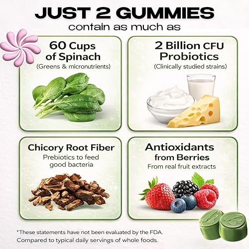 Miniatura 7 de Kiala Nutrition Super Greens Gomitas con 11x Verduras Orgánicas, Pre, Post y Probióticos, Antioxidantes Suplemento de Fibra Gomosa Superalimento