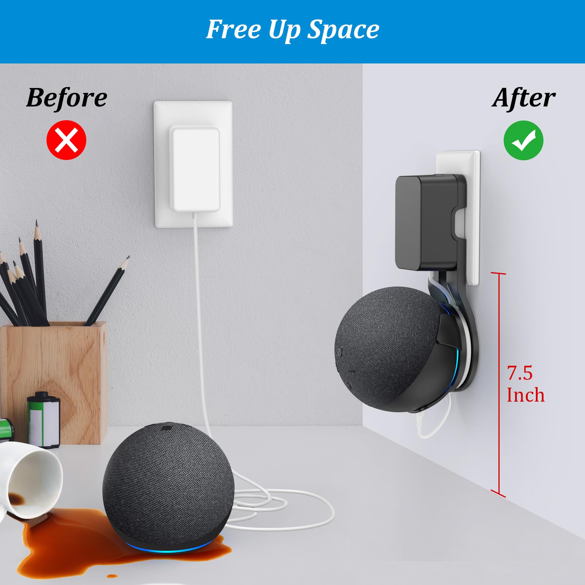 PlusAcc Steckerhalterung für Dot 5 Gen und Google - Wandhalterung mit integriertem Kabelmanagement zum Verstecken der Kabel, Steckdosenhalterung für Wohnzimmer, Schlafzimmer und Küche (Schwarz)