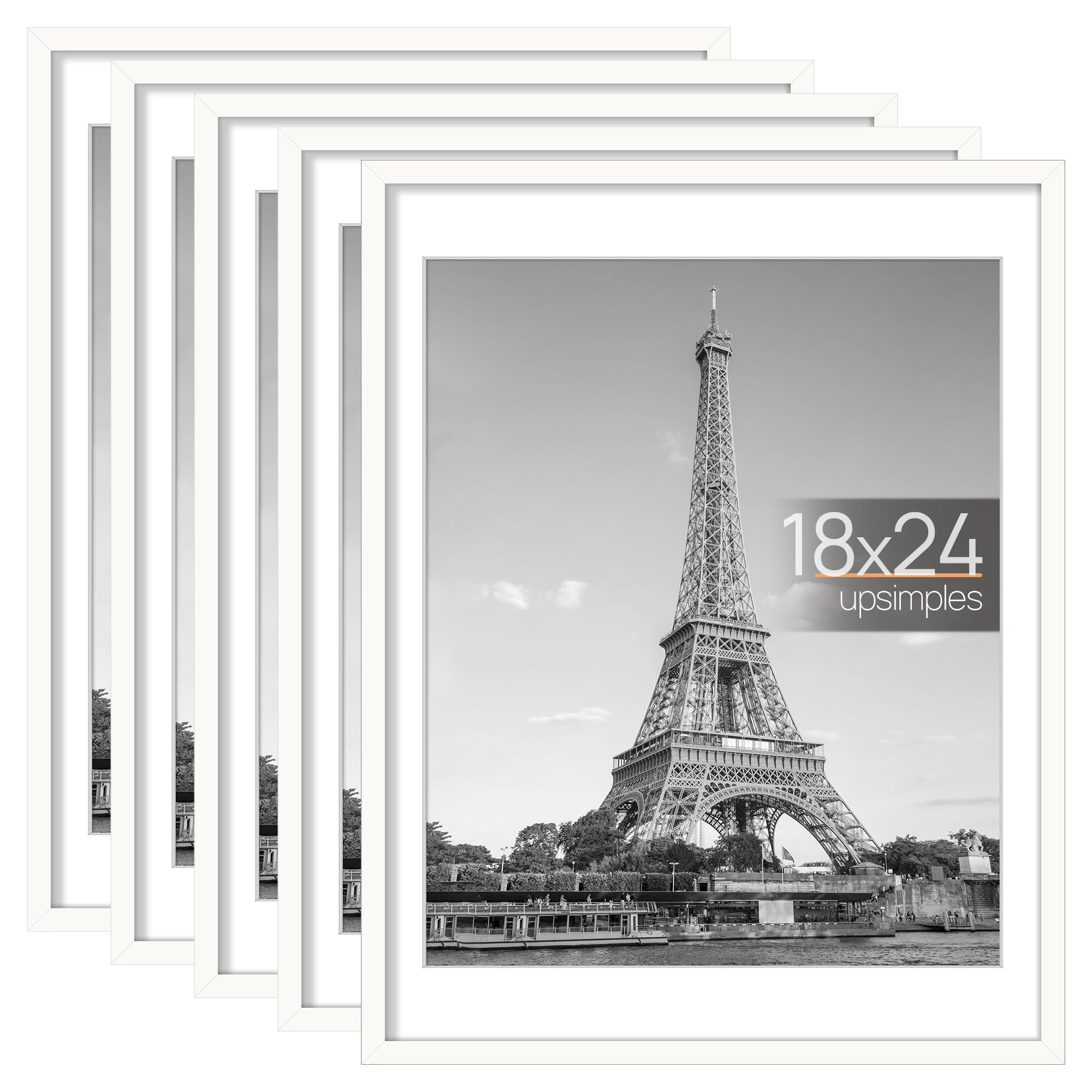 upsimples 18x24 Picture Frame Set of 5, Display Pictures 16x20 with Mat or 18x24 Without Mat, Wall Gallery Photo Frames, White