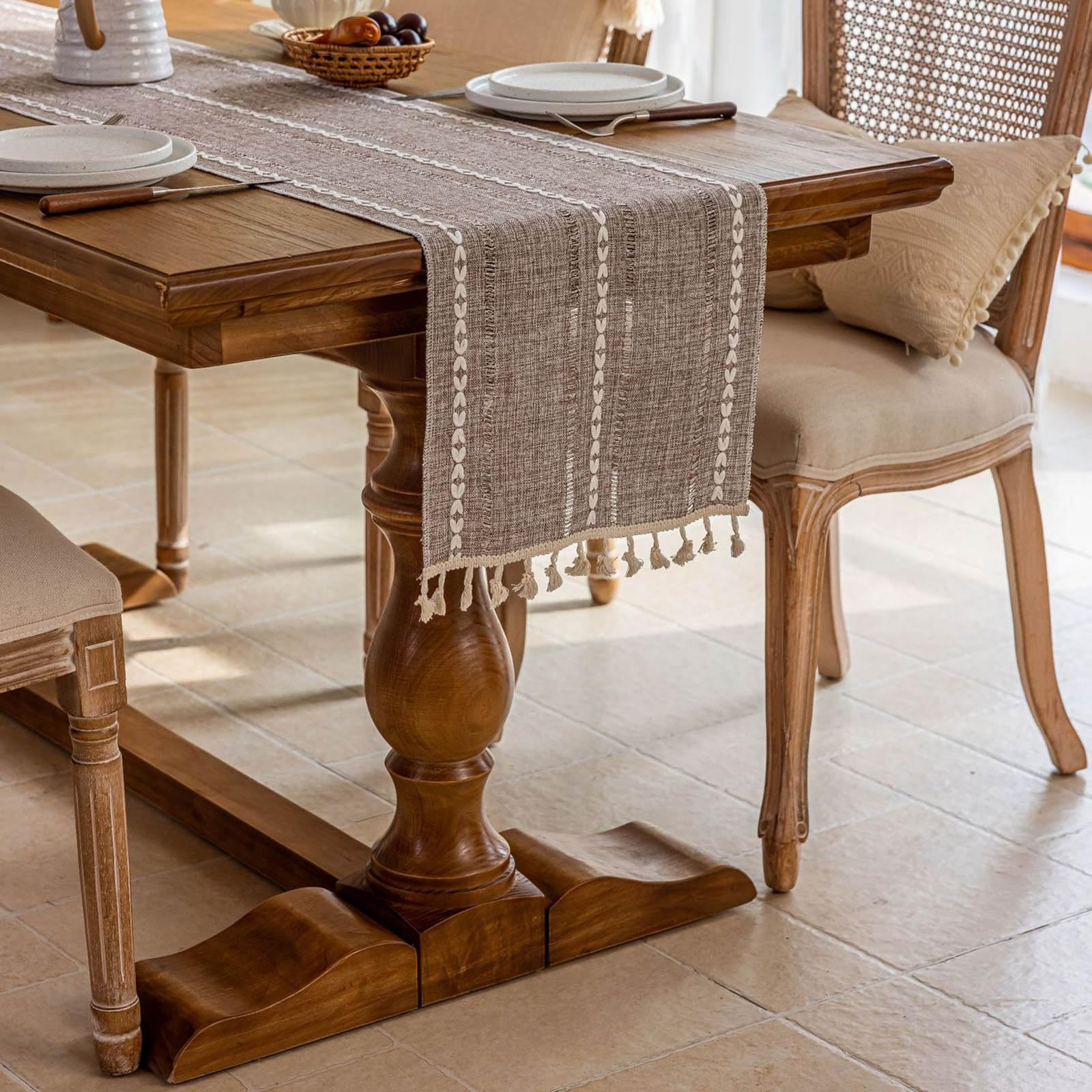 Runner da tavolo in cotone e lino, stile rustico, con nappe a mano, decorazione per tavolo da cucina, tovaglia per feste, sala da pranzo, decorazione per tavolo da dessert, adatto per autunno e