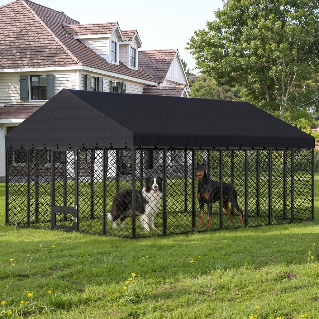 Heavy Duty 10x14×6.4 FT Outdoor Dog Kennel with Secure Double Locks and Waterproof & UV Resistant Roof Cover,All Weather Resistant Anti-Rust Metal Enclosure for Large Dogs