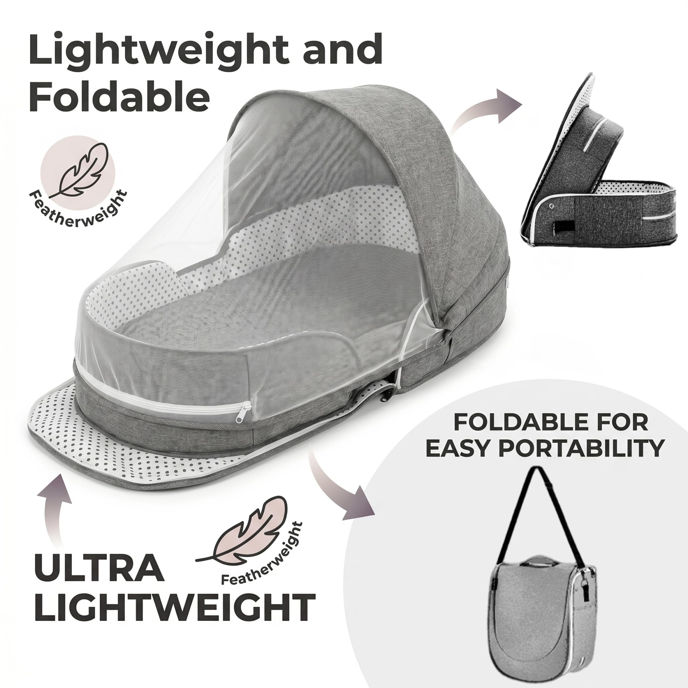 Moisés de viaje plegable portátil para bebé de 0 a 6 meses con dosel y red, moisés para recién nacidos esencial para viajes, cuna para avión, coche, camping, gris