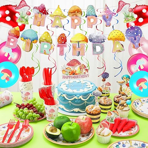 Miniatura 5 de Sotiff 163 decoraciones de fiesta de cumpleaños de hongos, decoraciones de fiesta de hongos, incluye pancarta de cumpleaños de hongos, globos,