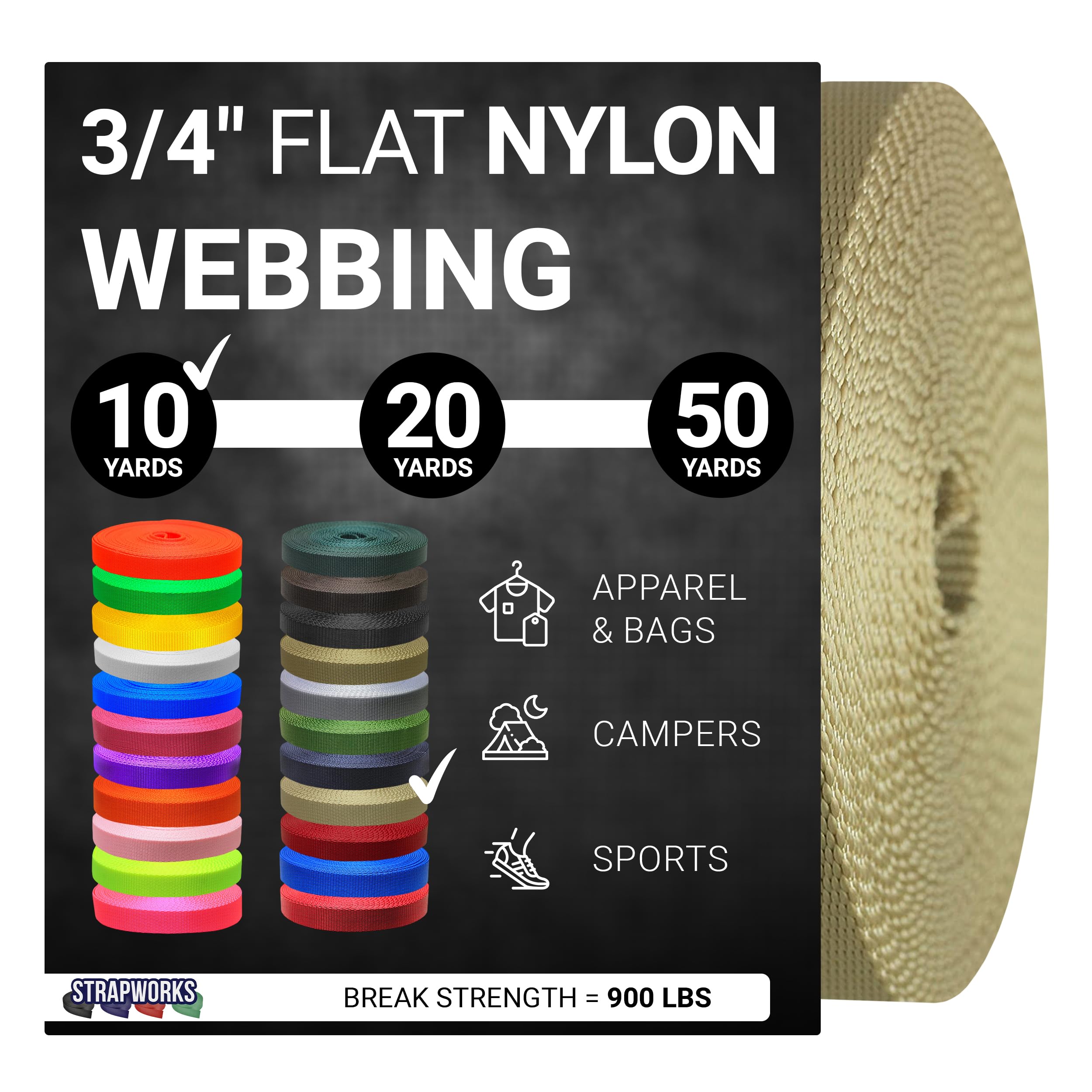 Strapworks Colored Flat Nylon Webbing - Strap for Arts and Crafts, Dog Leashes, Outdoor Activities – 3/4 Inches x 10 Yards, Khaki