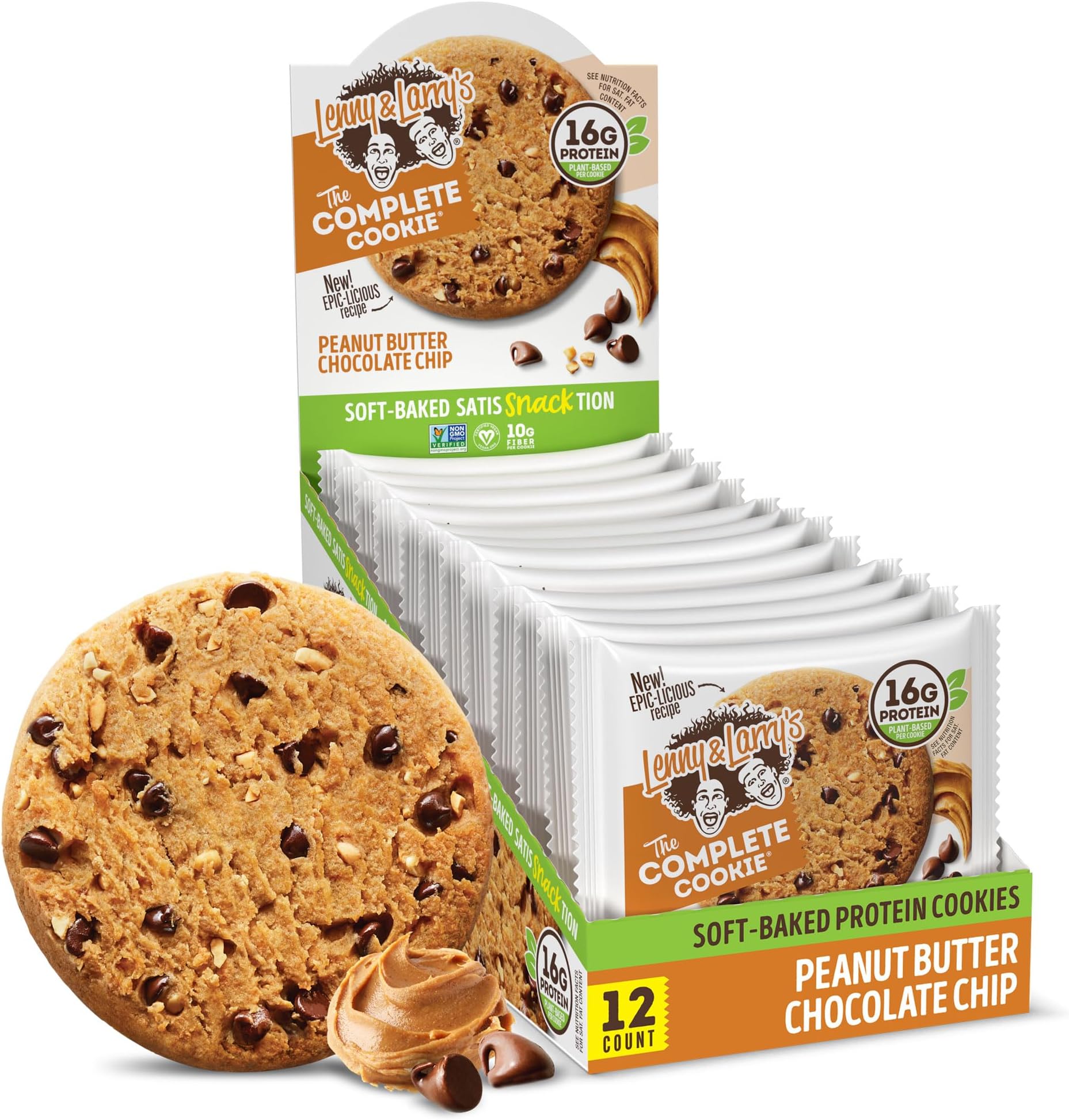 Lenny & Larry's Protein Cookie, [Peanut Butter Chocolate Chip], Chewy Soft Baked, 16g Plant Protein, Vegan, Non-GMO, High Fiber, 4 Ounce Cookie (Pack of 12)