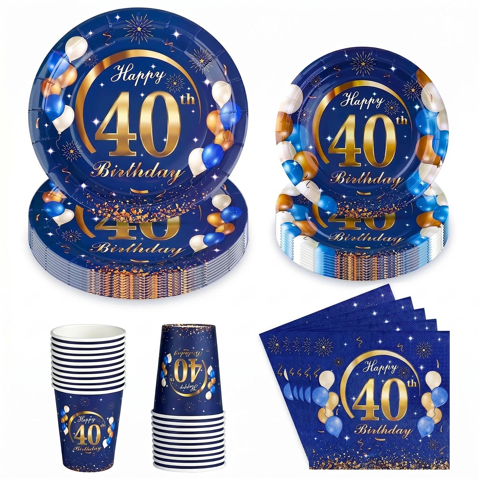 68Pcs 40th Birthday Party Plates Cups and Napkins, 7" and 9" Blue Gold Paper Plates, 40th Birthday Decorations, Disposable Party Tableware Set Serves 16 Guests for Men Him Women Her