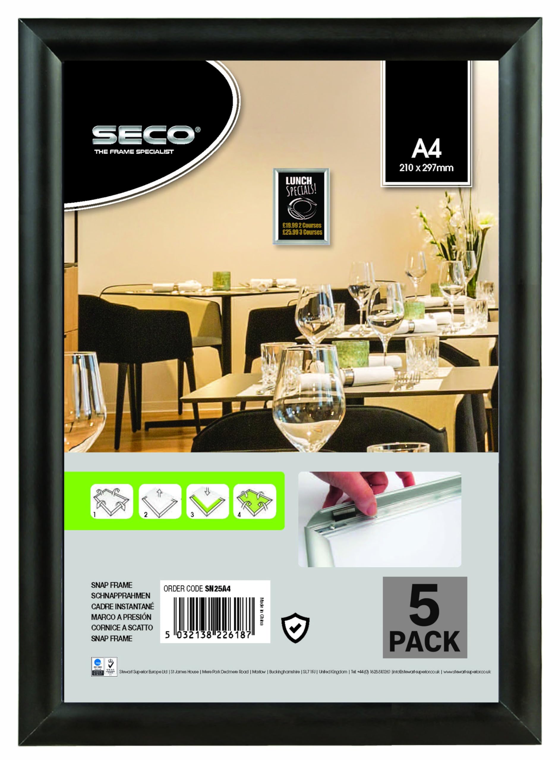Stewart Superior A4 Aluminium 4 Sided 25mm Front Loading Picture/Poster Snap Frame - Black (Pack of 5)