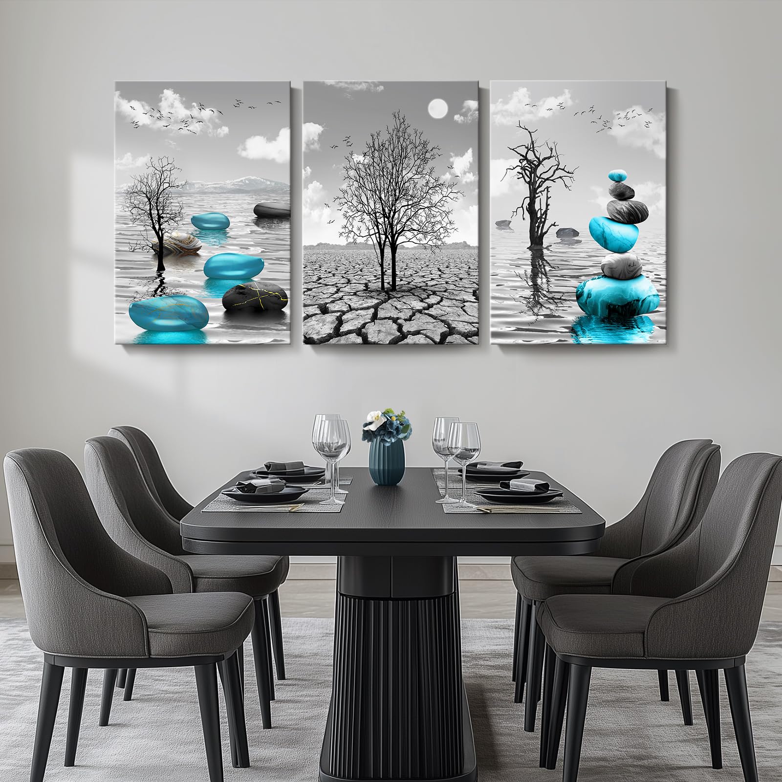 3-teilige Leinwand-Wandkunst In Türkis & Schwarz-Weiß – Moderne Landschaftsbilder Für Wohnzimmer, Büro & Bad