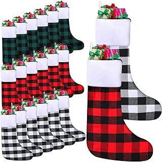 24 Pack Christmas Stockings 20 Inch Buffalo Plaid Stockings Family Christmas Stockings Large Xmas Hanging Stockings White Red Black Christmas Decorations for Holiday Xmas Party Decor (Bright Color)