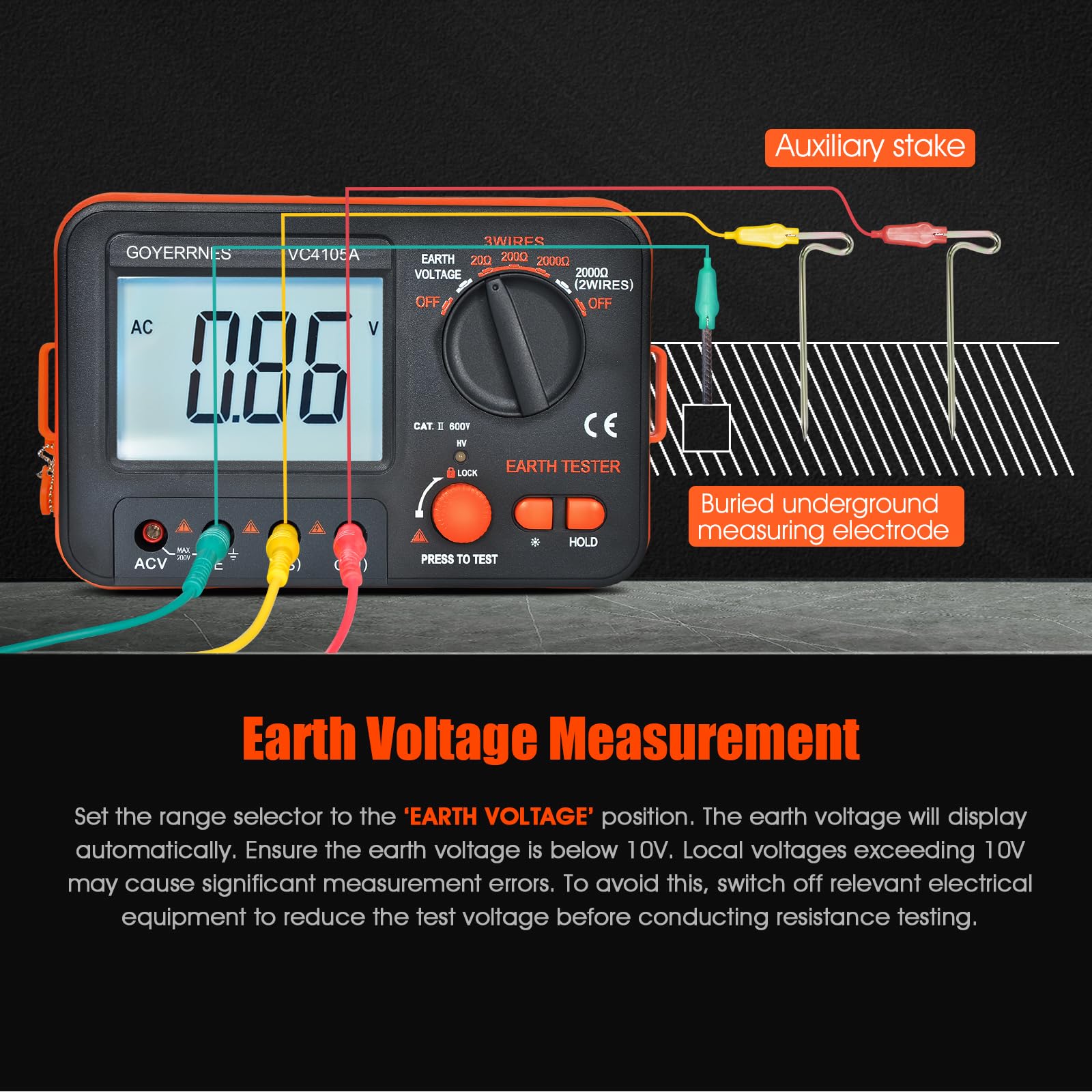 Megohmmetre de Medidor de Tierra y probador de aislamiento Rango de medición 0-1999 Ω Medición de resistencia a tierra y tensión alterna probador de tierra resistencia a tierra con pantalla LCD