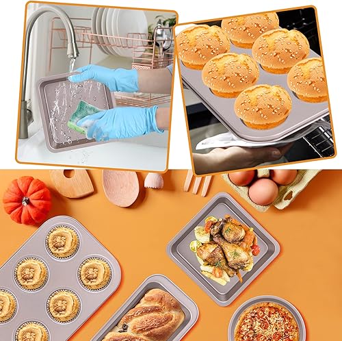 Miniatura 5 de Juego de utensilios antiadherentes para hornear, juego de moldes para pasteles con hojas de galletas, utensilios para hornear pan antiadherentes y