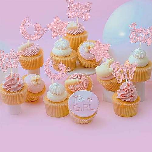 Miniatura 7 de Gyufise 24 piezas de decoración para cupcakes de bebé niña con purpurina rosa, estrella y luna, dulce baby shower, baby shower, fiesta de