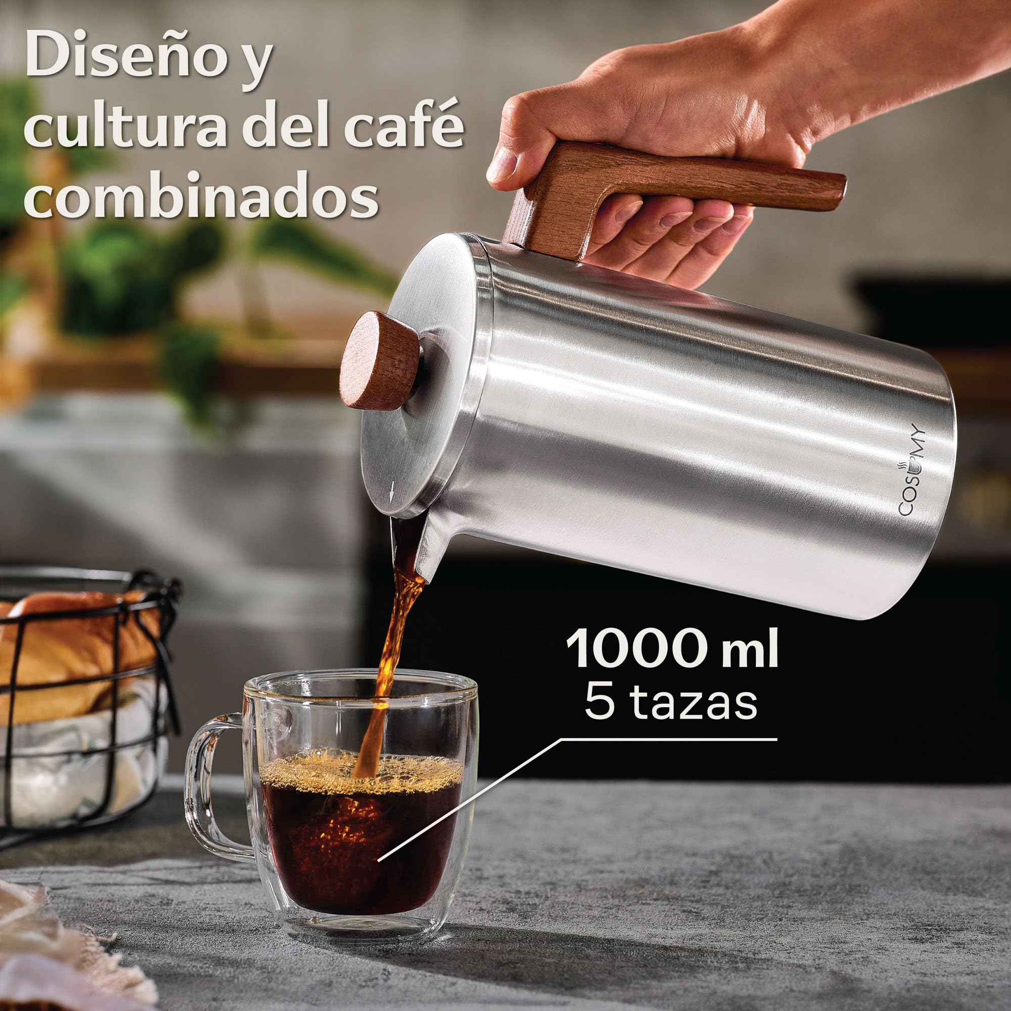 Cafetera Francesa 1L Acero Inoxidable Madera Roble Doble Pared Aislada 5 Tazas 2 Filtros