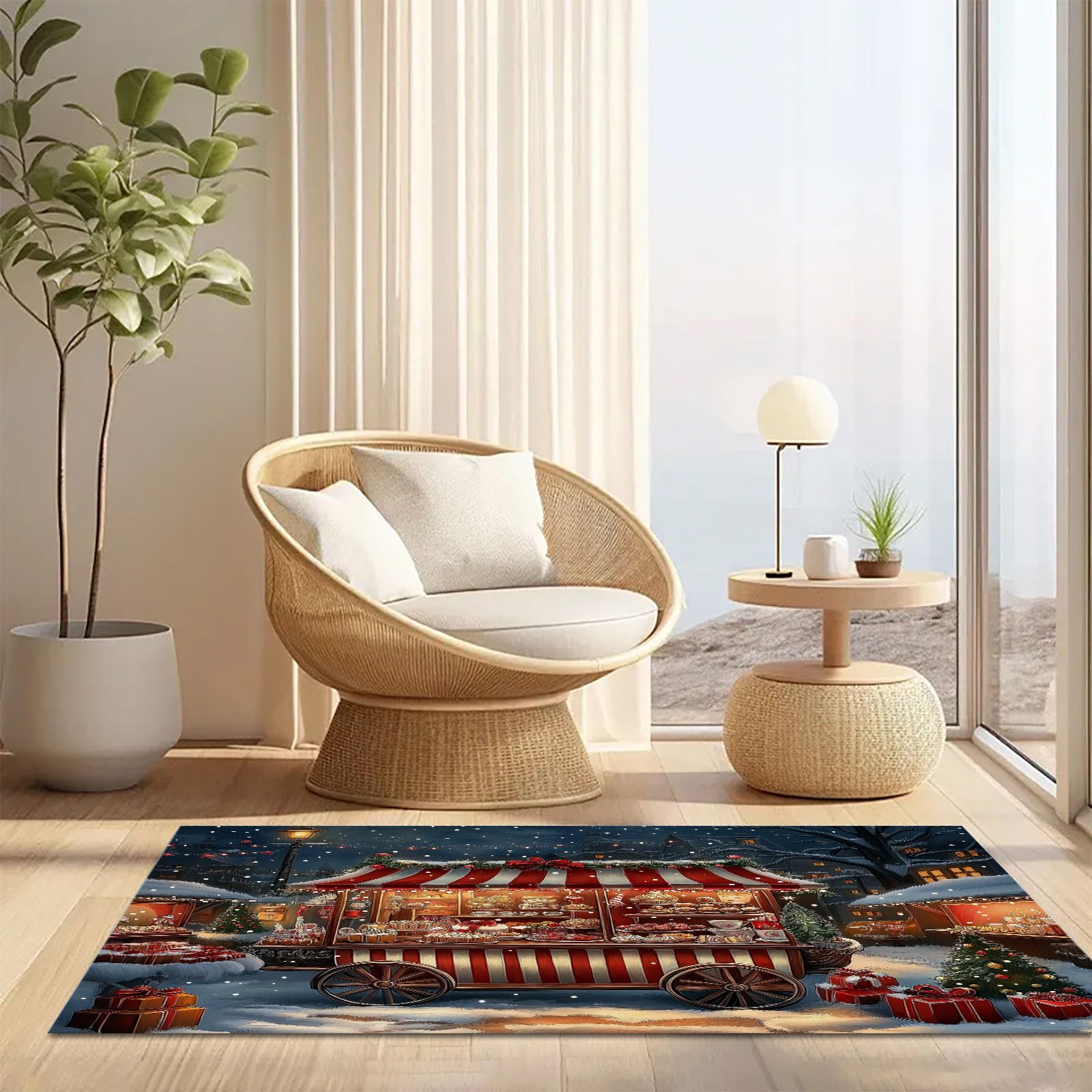 Felpudo de Entrada Casa Cochecito Navideño 60x120cm Alfombra Exterior para Puerta Impermeable, Lavabl Alfombrilla Comida Navideña Antideslizante para Recibidor, Pasillo, Cocina - Rojo