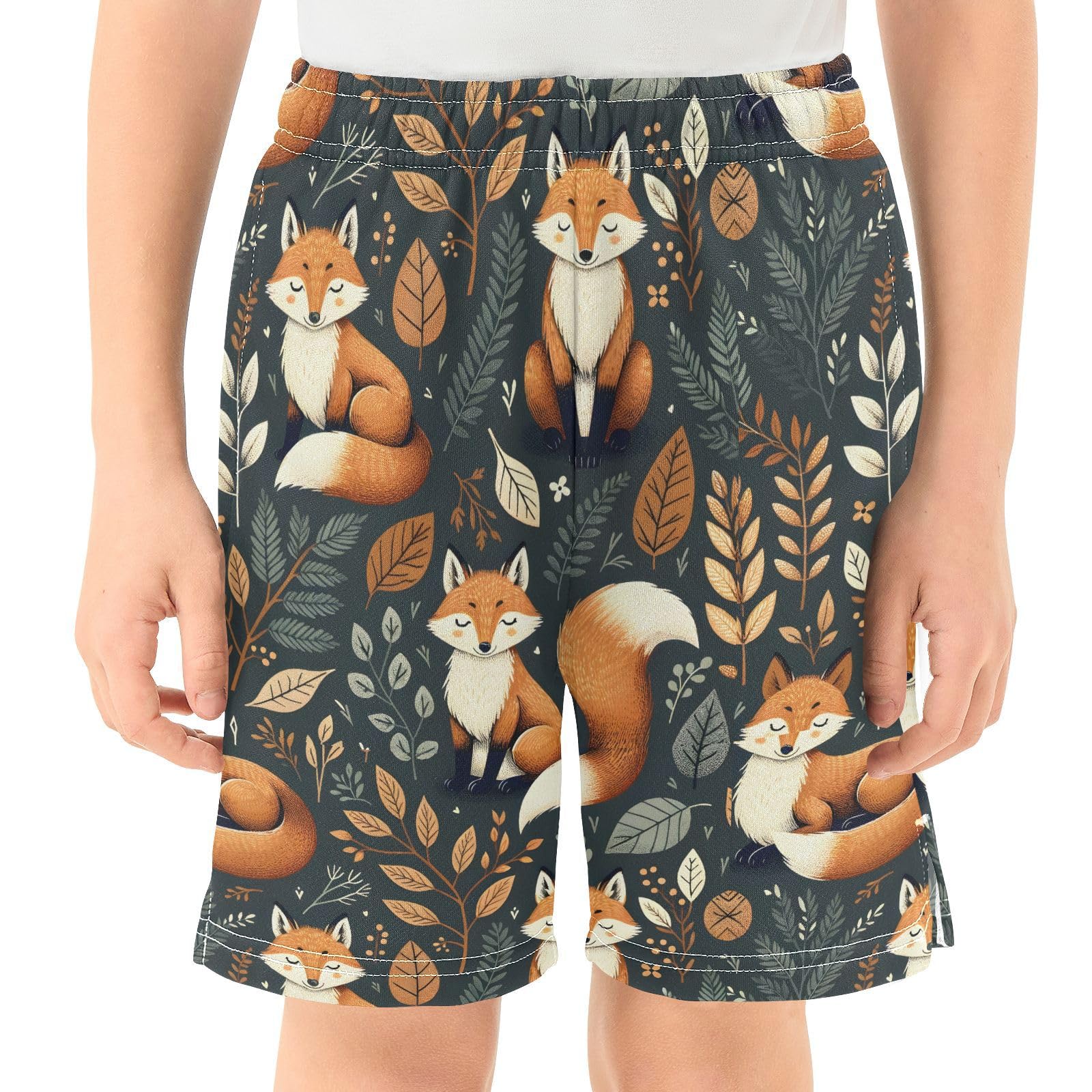 Fox and Leaves Cute Animal Boys Athletic Shorts Kids with Pockets Shorts for boy Girls 12-13 Y Multicolor