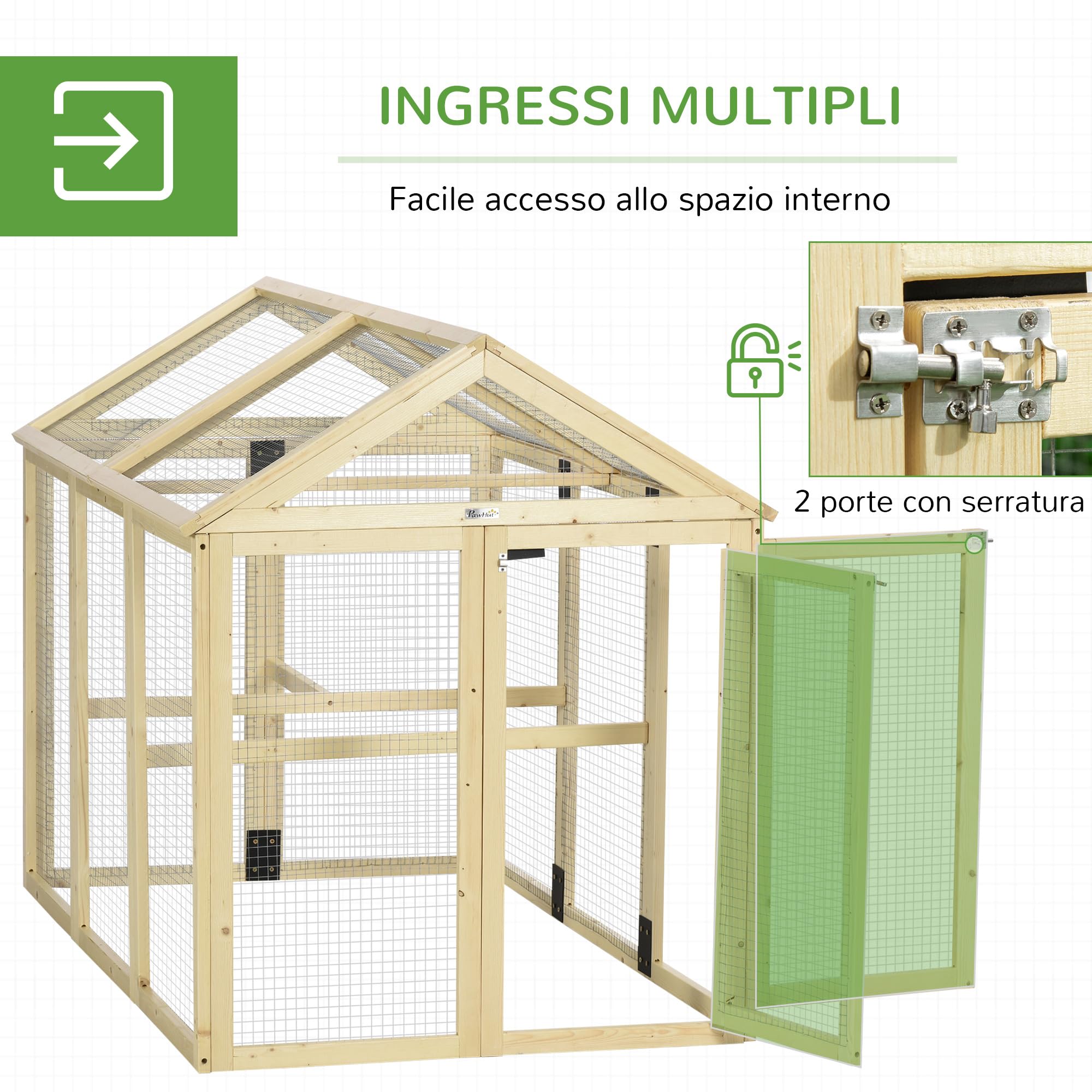 PawHut Recinto per Galline all'Aperto in Legno, Gabbia Galline con Porte Multiple e Rete in Metallo, 140x88.5x106 cm, color Legno