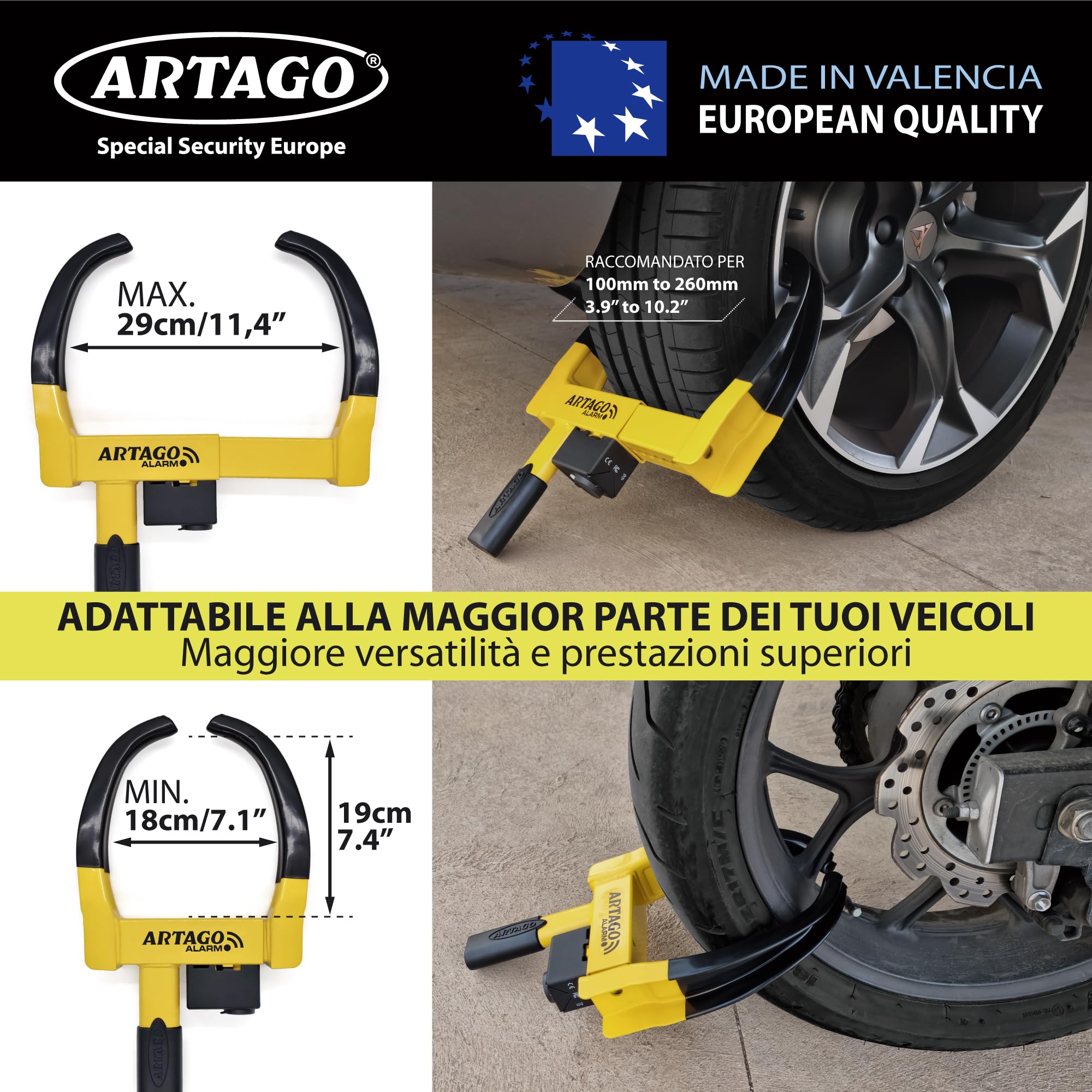 ARTAGO ART872 Il Blocca Ruota Più Sicuro e Deterrente, Antifurto Auto Rimorchio Camper 2in1, Senza/Con Allarme 120dB+LED Avviso Visibile Notte, Doppia Protezione Antiruggine Più Resistente, Universale