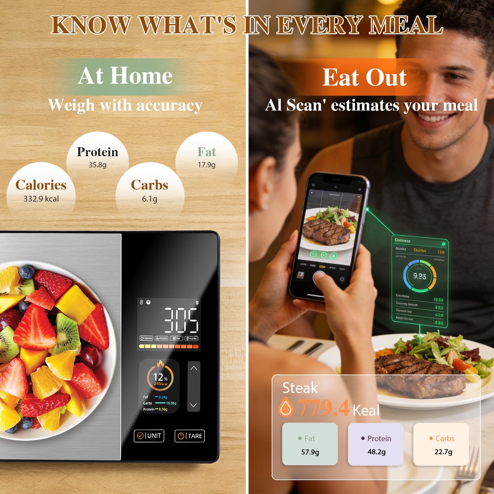 Bilancia digitale da cucina con calcolo nutrizionale, bilancia digitale precisa per nutrizione con display a colori TFT, per analizza il valore nutrizionale degli alimenti e conta le calorie tramite