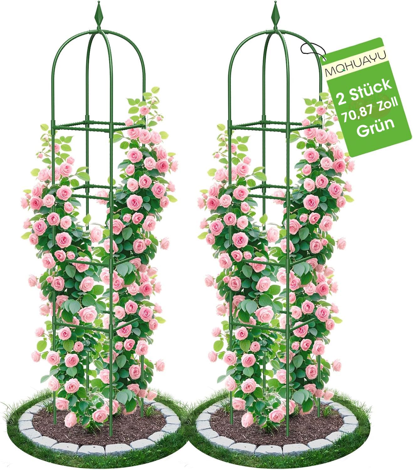 2er Set Garten Obelisk Rankgitter, 180 cm Rankhilfe Zimmerpflanzen, Pflanzturm Rostschutz Pulverbeschichtung, Rankhilfe Obelisk für Rosen Clematis Kletterpflanzen, Innen & Außen, Grün (4 Schichten)