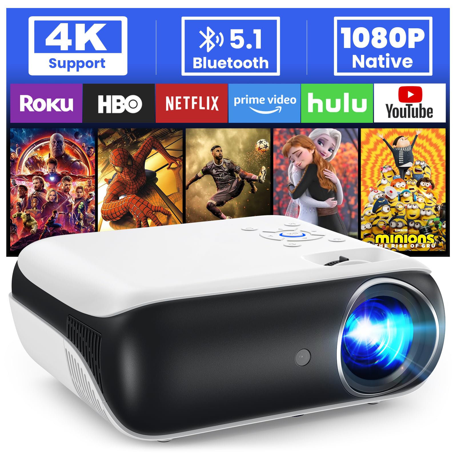 HOPVISON Projector, Full HD 1080P Projector, Bluetooth Projector met 4K Ondersteuning, Draagbare Mini Projector Home Cinema, Thuis/Outdoor Projector Compatibel met Smartphone/HDMI/USB/Fire Stick/PS5
