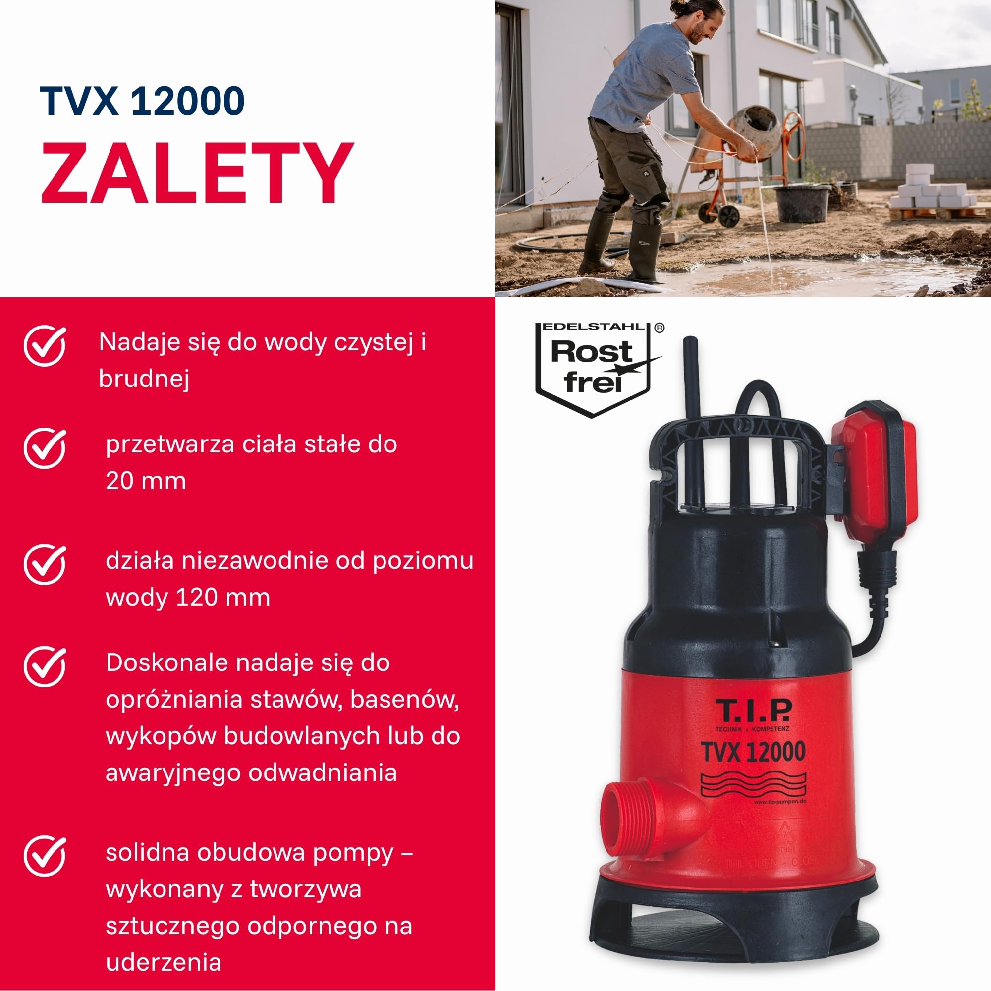 T.I.P. Pompa Zanurzeniowa do Brudnej Wody TVX 12000 – Silnik 480W, Wirnik VORTEX, 10 800 l/h, maks. 6m, Automatyczny Pływakowy Wyłącznik