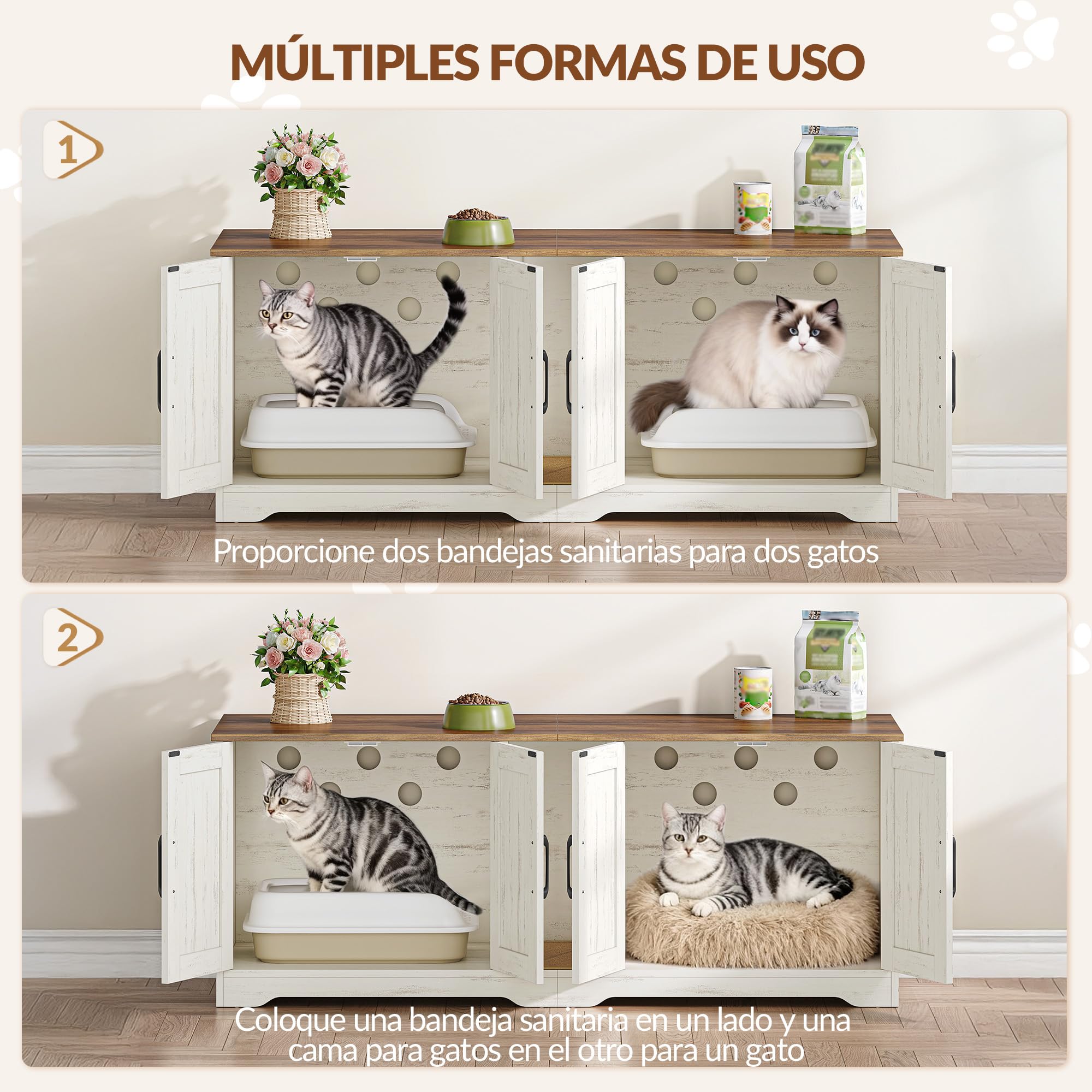 Mueble Arenero Gato para 2 Gatos, 140x50x55 cm, Marrón y Blanco | Mueble para Caja de Arena Oculta, Armario para Gatos con Alfombrilla para Rascar, Caseta Madera para Gato de Interior