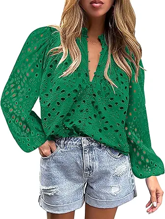 BETTE BOUTIK Women's Long Short Sleeve Tops 2025 Dressy Casual Button Hollow Out Lace Embroidered Blouses Shirts