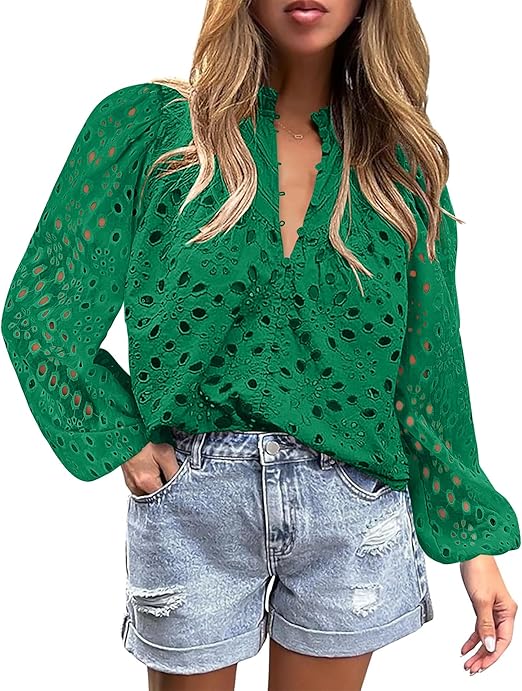BETTE BOUTIK Women's Long Short Sleeve Tops 2025 Dressy Casual Button Hollow Out Lace Embroidered Blouses Shirts