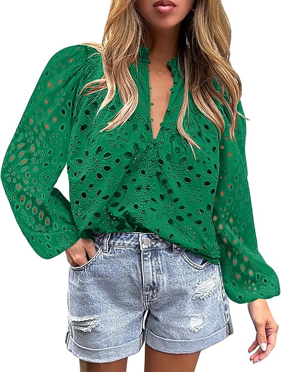 BETTE BOUTIK Women's Long Short Sleeve Tops 2025 Dressy Casual Button Hollow Out Lace Embroidered Blouses Shirts