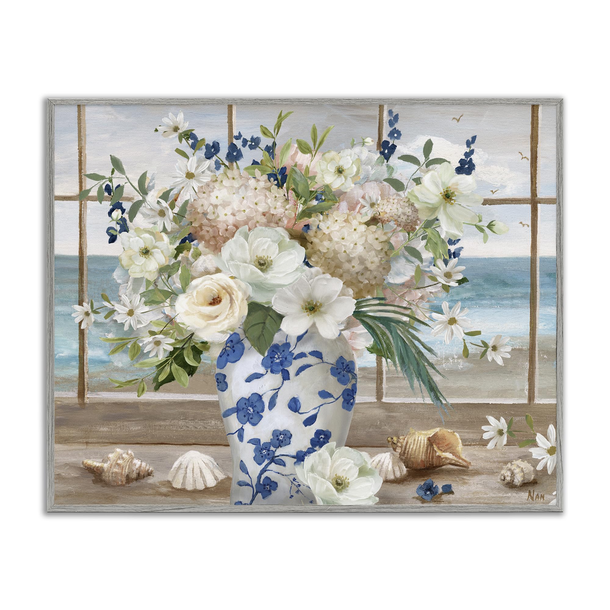 Stupell Industries Farmhouse Gray (Textured) 'Seashells & Flowers Windowsill', Framed Giclee Art, Gray, 30 X 24 Inches, Easy To Hang And Sturdy, Made In Usa, By Nan