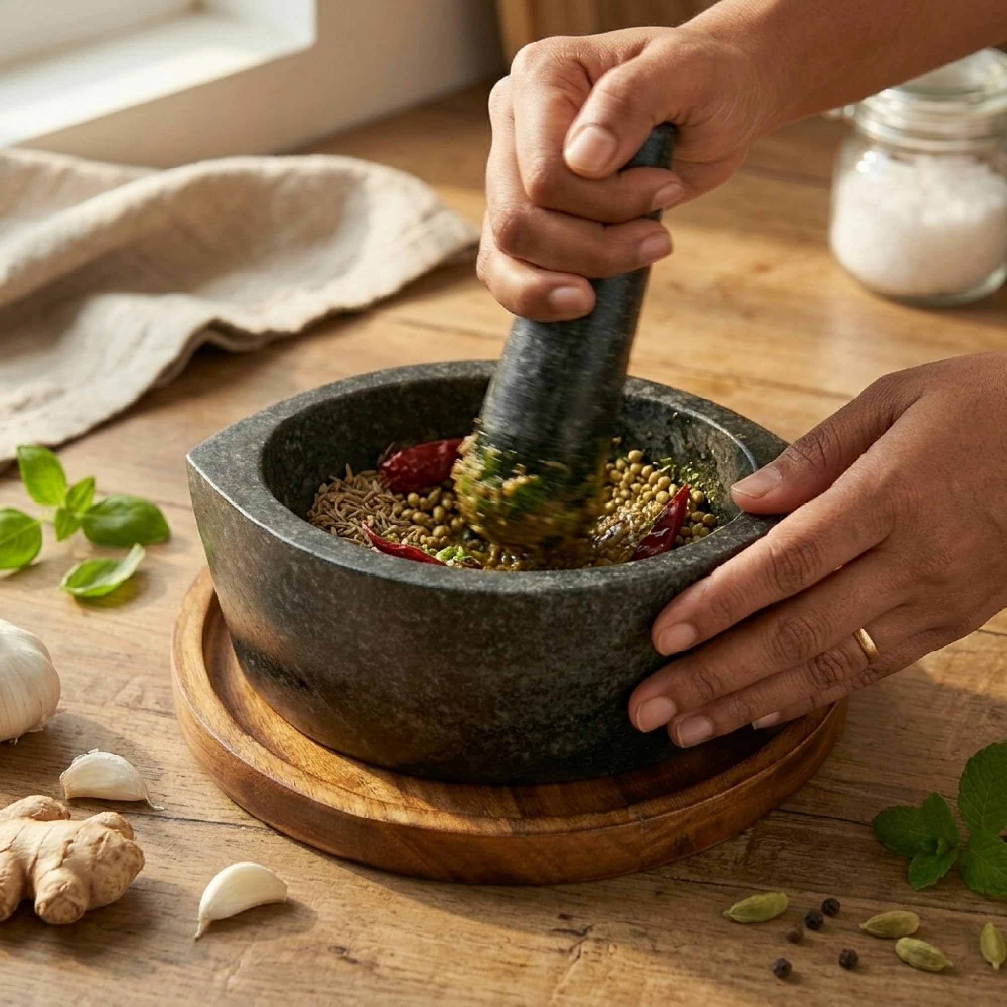 VintageBihar Black Granite Boat Mortar and Pestle for Kitchen 10 Inch Stone Grinder Silbatta Khalbatta Set for Chutney Masala Spices Herbs and Ayurvedic Use Heavy 5.9 Kg with Long Pestle 3
