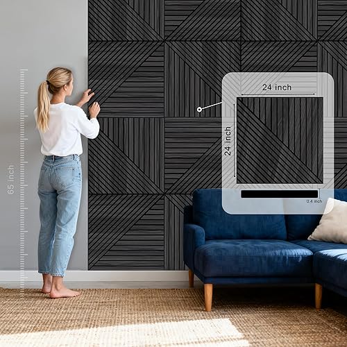 Miniatura 2 de WoveN SounD Paneles acústicos artesanales, roble negro, 24 x 24 pulgadas, paquete de 8, sombras prismáticas de matriz lineal, chapa de madera,