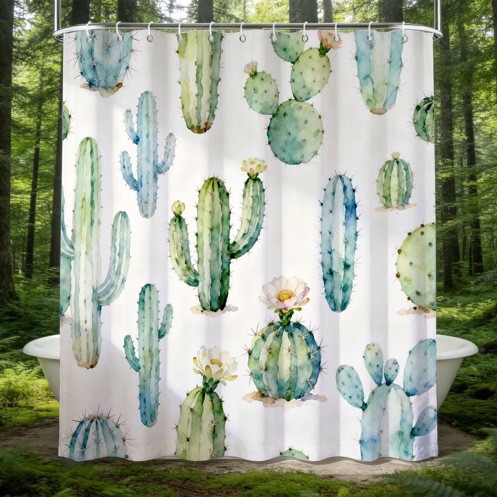 Hongduo 3D Cactused Shower Curtain for Stalls Bathtubs Watercolor Bathroom Decor Shower Curtain Set Polyester Fabric Waterproof 180x180cm/71X71 Inch with Hooks