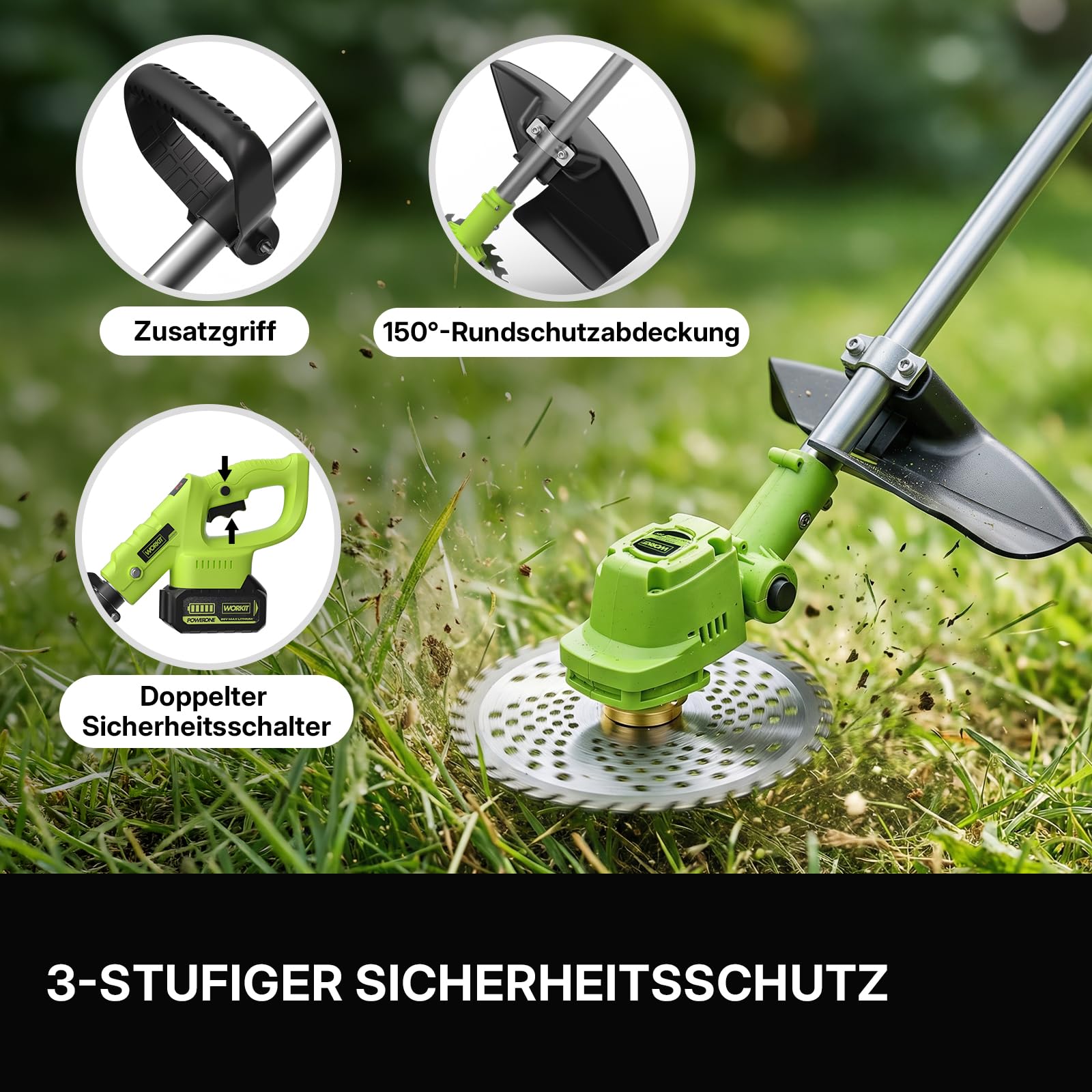 WORKIT Rasentrimmer mit Akku, Freischneider mit 2x4.0Ah Akkus und 4 Messertypen, Bürstenlose, 20V, Schnittbreite 23 cm, für Rasenschneiden Rasenpflege Auffahrt und Garten