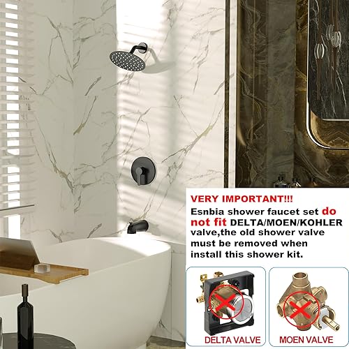 Miniatura 2 de Esnbia Kit de ducha de bañera (válvula de ducha incluida), juego de grifo de ducha con cabezal de ducha de lluvia de 8 pulgadas y asa, juego de