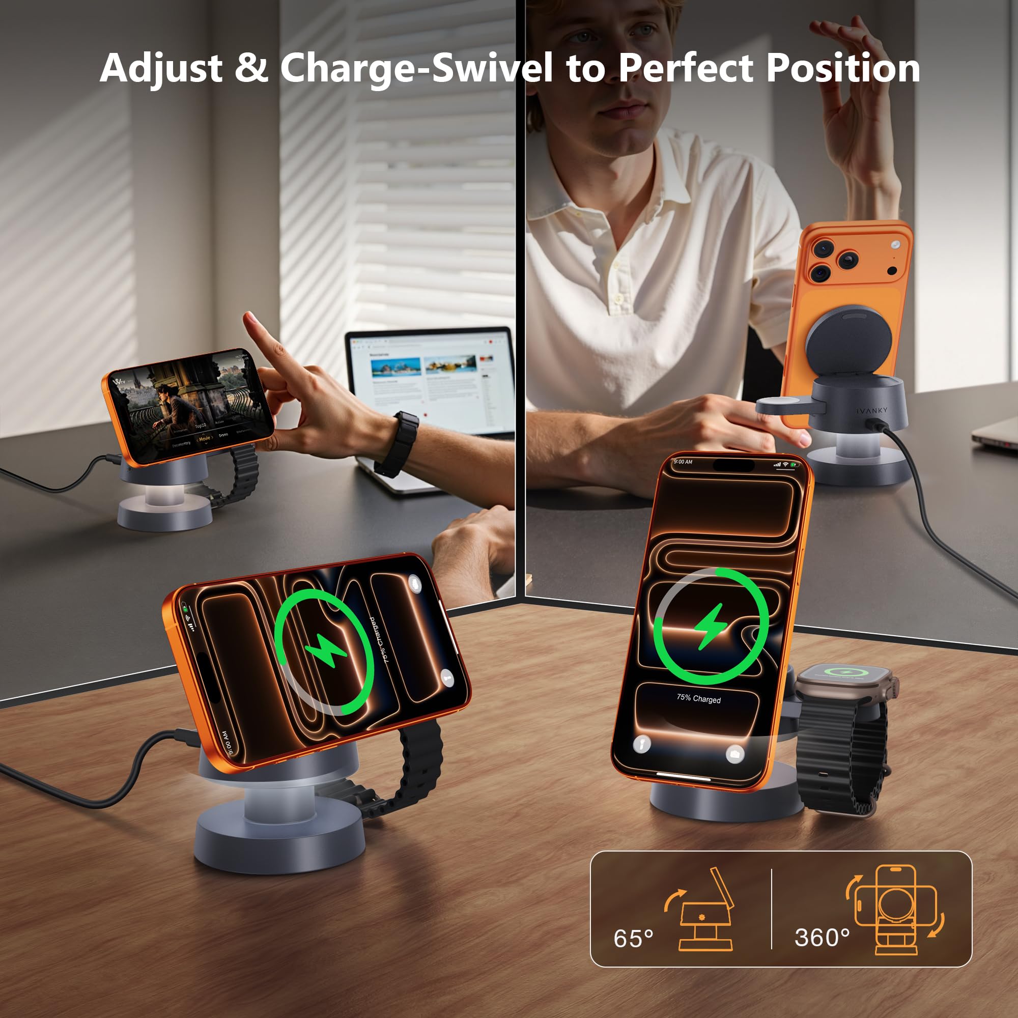 iVANKY 4 in 1 Caricabatterie wireless per iPhone 17 Stazione di ricarica con luce notturna, Qi2 15W 3 in 1 MagSafe caricabatterie per iPhone 17/16/15/14/13/12/11/Pro/Max, Apple iWatch, Airpods