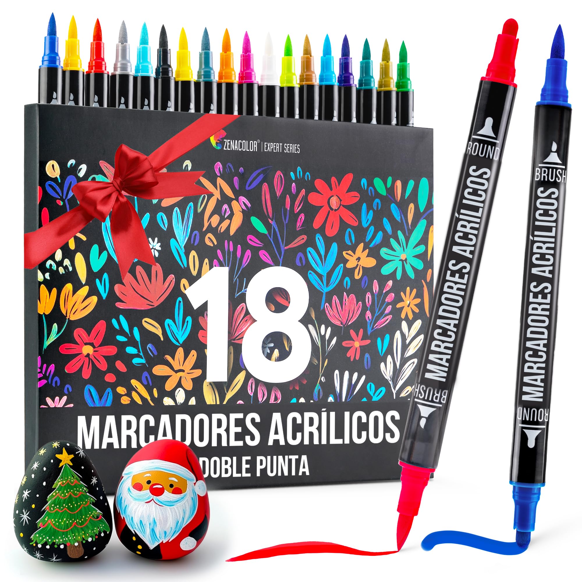 Rotuladores Acrilicos con Doble Punta (Punta Fina y Pincel) - 18 Colores únicos de Rotuladores Permanentes para Distintas Superficies y Obras de Arte - Rotuladores Acrilicos Permanentes