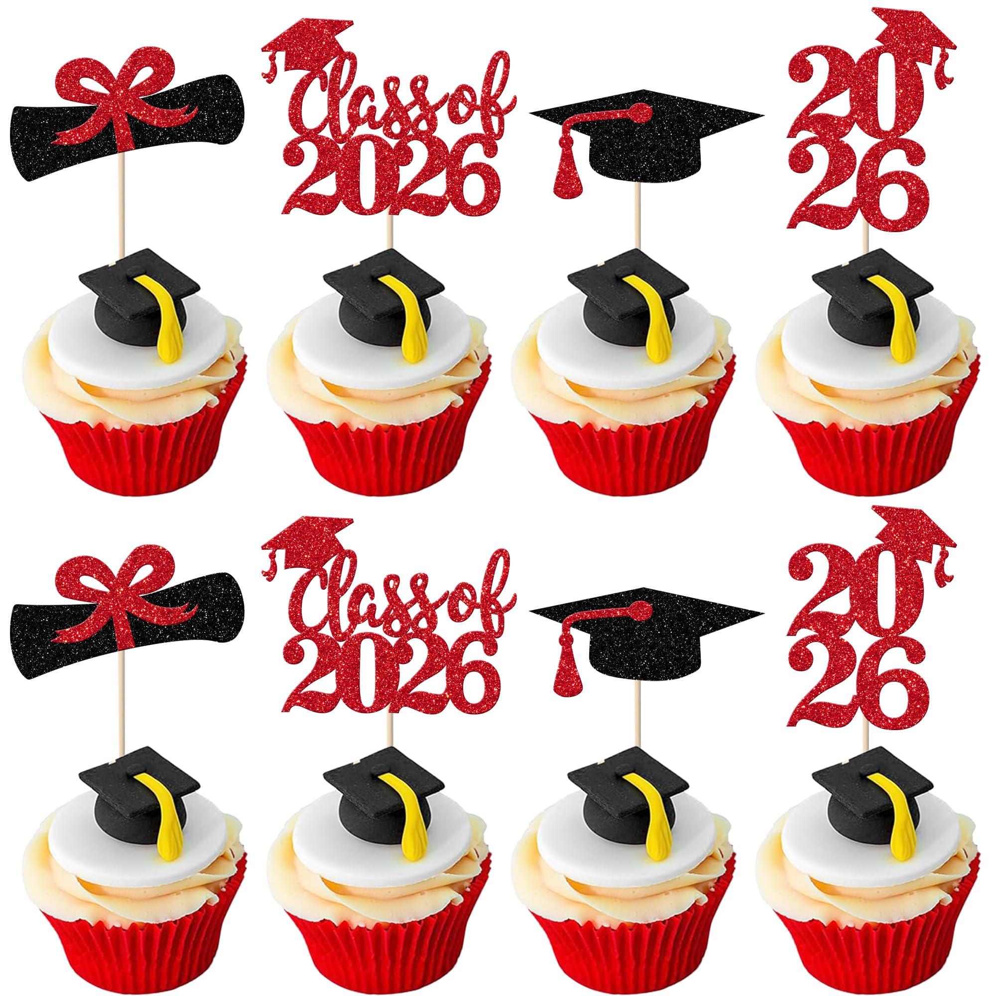 SYKYCTCY 24 Pack Class of 2026 Cupcake Toppers with Glitter 2026 Graduation Diploma Grad Cap Cupcake Picks for Graduation Theme School Boys Girls Graduate Party Cake Decorations Supplies Red โ image 1