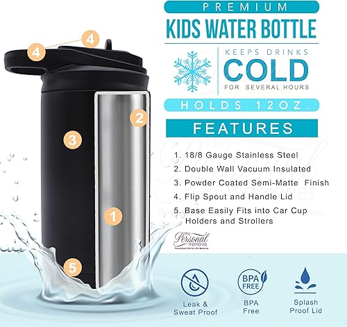Miniatura 2 de Botella de agua personalizada de 12 onzas para niños con pajilla, vaso aislado de doble pared para niños, niñas, escuela y deportes, grabado con