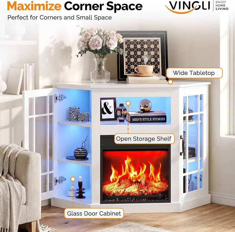 VINGLI Corner Fireplace TV Stand with Storage for TVs up to 55", White image 6