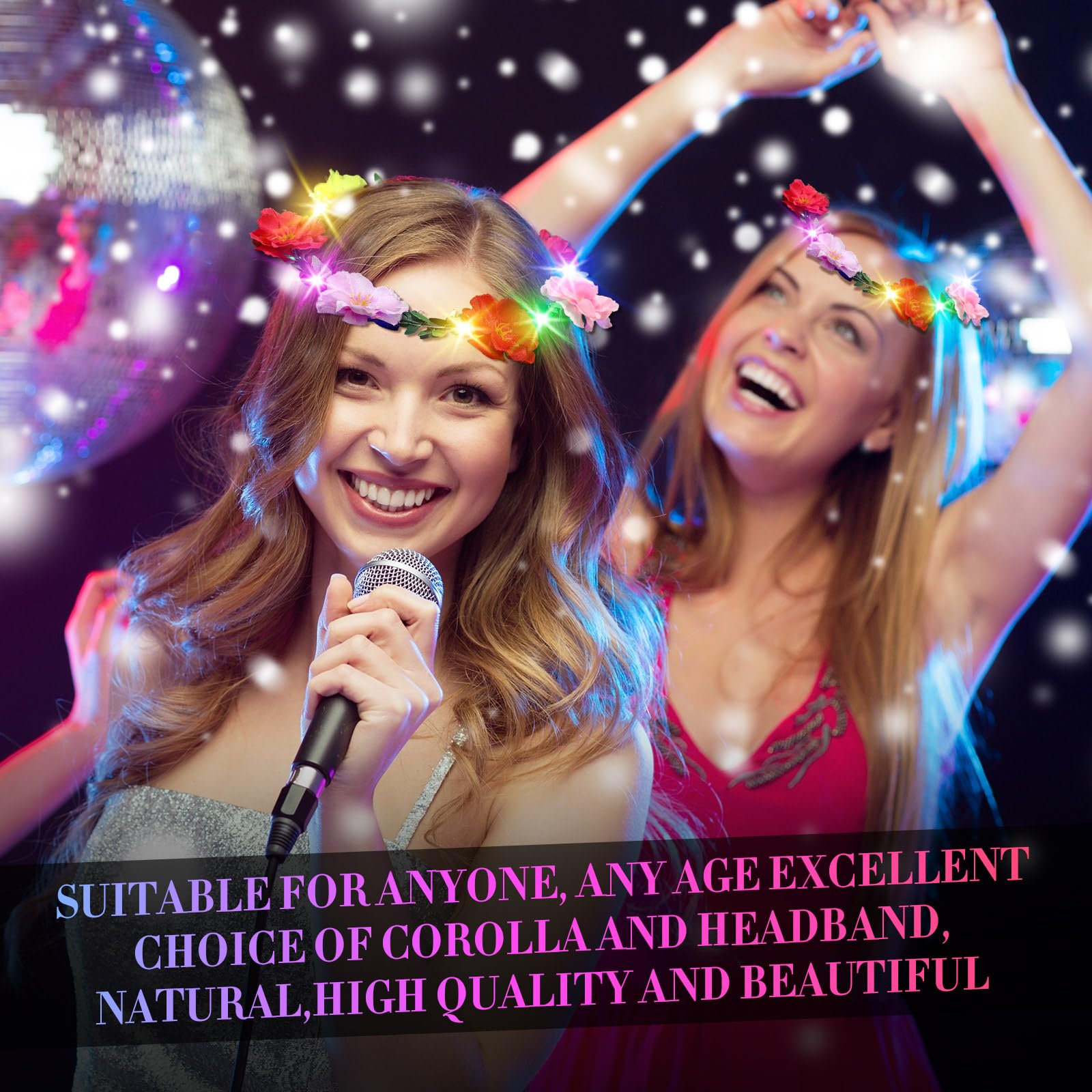 Lot de 50 couronnes de fleurs lumineuses à DEL pour cheveux - Multicolore - Pour femme et fille - Pour mariage, anniversaire, fête - Vacances (pivoine)