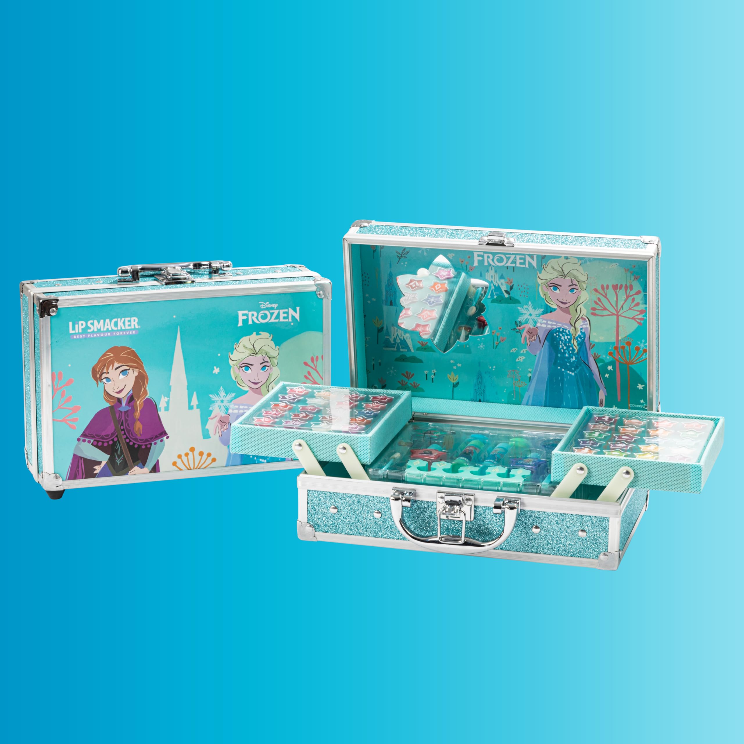 Lip Smacker Frozen Traincase, Maletín De Maquillaje Frozen Para Niñas, 40+ Piezas de Maquillaje para Rostro, Labios y Uñas con Accesorios de Belleza para Cabello y Maquillaje Incluidos