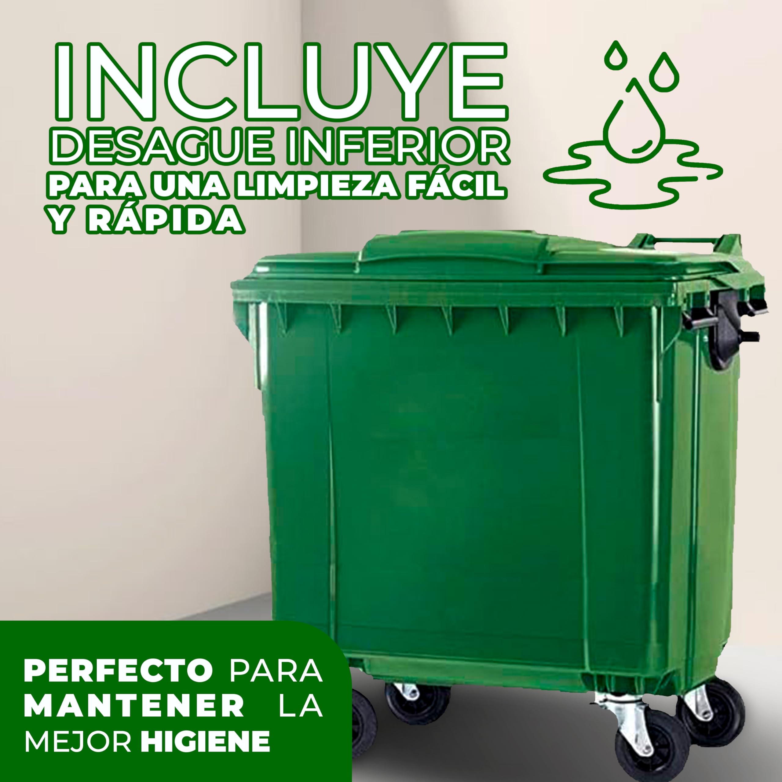 SSI Contenedor de Basura 1100L con Tapa Plana - Ruedas con Freno, Desagüe Inferior, Cumple Normativa EN-840, Ideal para Grandes Volúmenes de Residuos y Reciclaje en Exteriores (Verde, 1100 litros)